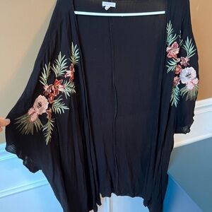 Xhilaration Black Kimono with Floral Embroidery Size M/L Vacation Swim Beach